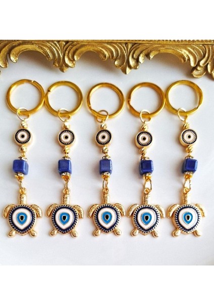 Lüks Hediyelik 5'li Nazar Boncuklu Kaplumbağa Detaylı Lacivert Anahtarlık