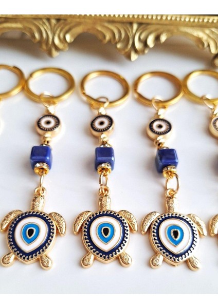 Lüks Hediyelik 5'li Nazar Boncuklu Kaplumbağa Detaylı Lacivert Anahtarlık modelleri