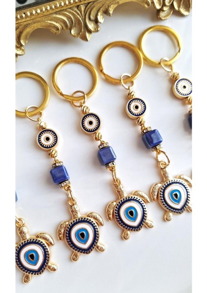 Lüks Hediyelik 5'li Nazar Boncuklu Kaplumbağa Detaylı Lacivert Anahtarlık fırsatları