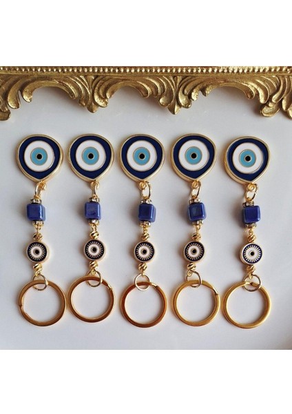 Yeni Yıl Hediyesi 5'li Lüks Hediyelik Zirkon Taşlı Büyük Nazar Boncuklu Lacivert Anahtarlık 10,5 cm
