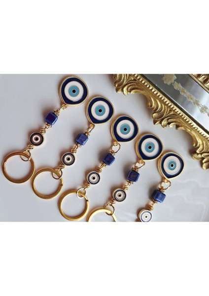 Yeni Yıl Hediyesi 5'li Lüks Hediyelik Zirkon Taşlı Büyük Nazar Boncuklu Lacivert Anahtarlık 10,5 cm modelleri