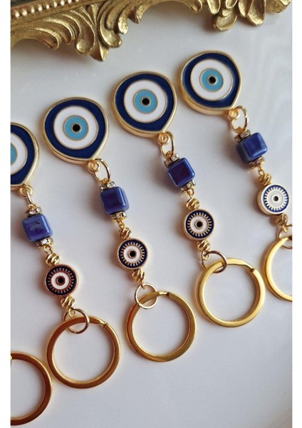 Yeni Yıl Hediyesi 5'li Lüks Hediyelik Zirkon Taşlı Büyük Nazar Boncuklu Lacivert Anahtarlık 10,5 cm indirimleri