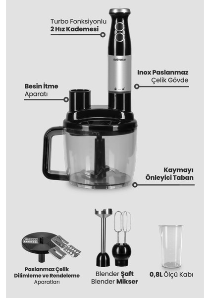 Paslanmaz Çelik Çok Amaçlı 8'li Mutfak Robotu ve Blender Seti Siyah