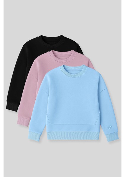 Oversize 3lü Paket Siyah-Gül Kurusu-Açık Mavi Kız Çocuk sweatshirt - 75150
