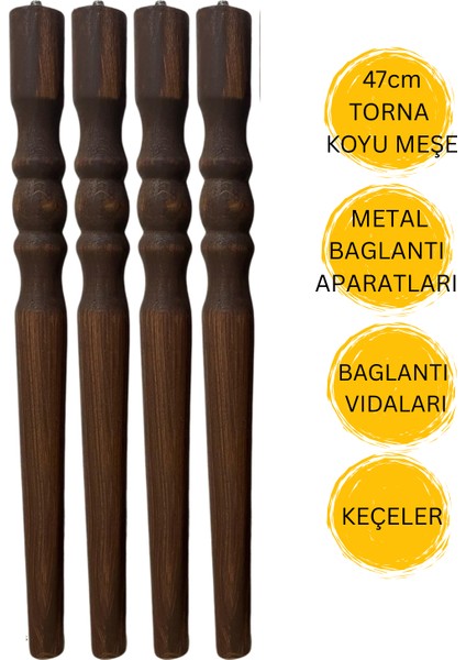47 cm Koyu Meşe Torna Ahşap Sehpa Ayağı 4’lü Set | Mobilya Ayağı + Metal Bağlantı Aparatları