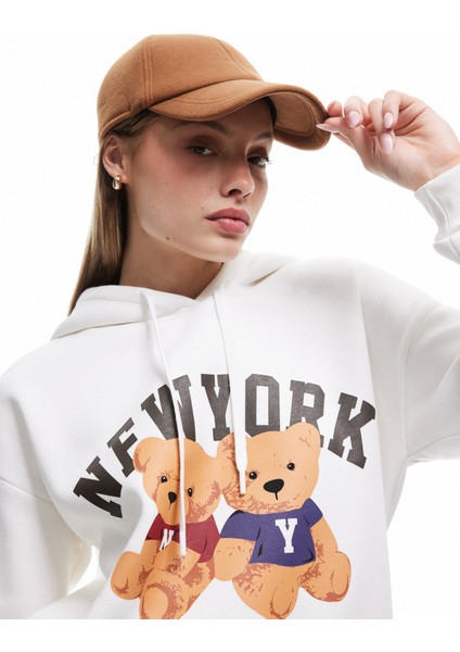 Ayı Baskılı Şardonlu Kapüşonlu Oversize Sweatshirt