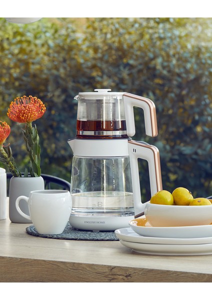 Cam Çay Makinesi ve Kettle Beyaz-Bakır, Şık ve Pratik Kullanım Sağlar.