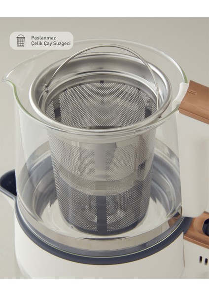 Cam Çay Makinesi ve Kettle Beyaz-Bakır, Şık ve Pratik Kullanım Sağlar.