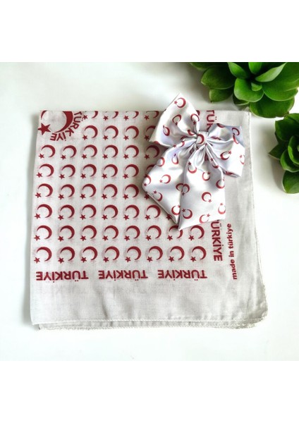 Beyaz Renk Ay Yıldız Desenli Bandana ve Fiyonk Toka Seti 23 NISAN,29EKIM fırsatları