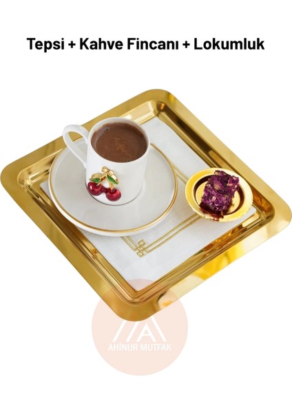 2'li Çift Tarafı Gold Tepsi, Kirazlı Kahve Fincanı, Lokumluk Set 8 Parça