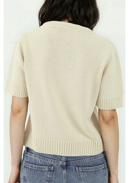 Kadın Kısa Kollu V-Yaka Örgü Kazak Natural