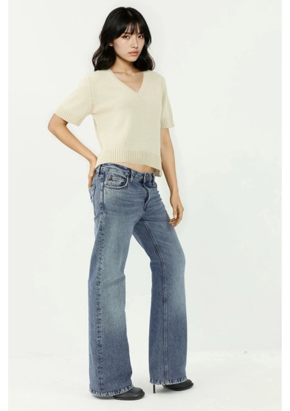 Kadın Kısa Kollu V-Yaka Örgü Kazak Natural