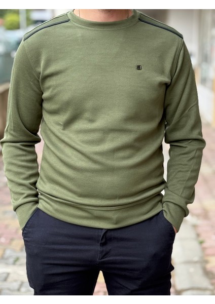 Haki Omuz Detaylı Bisiklet Yaka Erkek Triko Kazak