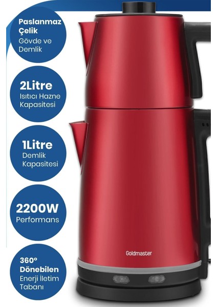 Kırmızı Çay ve Su Isıtıcı, Paslanmaz Çelik, Damlatmaz, 2200W, Şık Tasarım modelleri