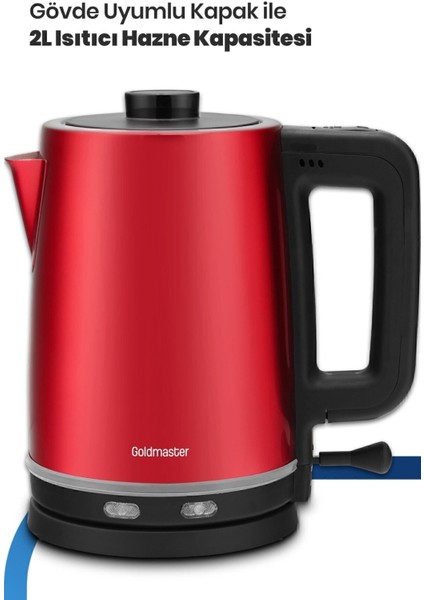 Kırmızı Çay ve Su Isıtıcı, Paslanmaz Çelik, Damlatmaz, 2200W, Şık Tasarım