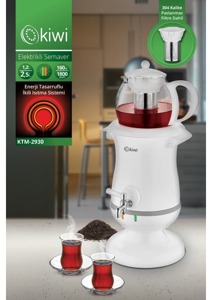 Cam Demlikli 2,5 Lt Elektrikli Semaver ve Çay Makinesi, Beyaz Renginde