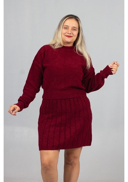 Bordo Enerjisi! 46 Bedene Kadar Tam Uyumlu Triko Etek Kazak Takım