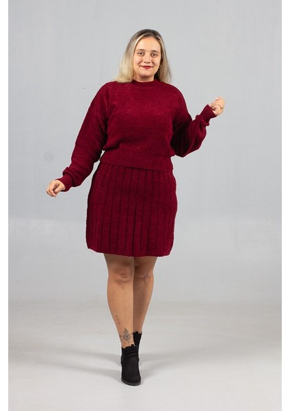 Bordo Enerjisi! 46 Bedene Kadar Tam Uyumlu Triko Etek Kazak Takım fiyatları