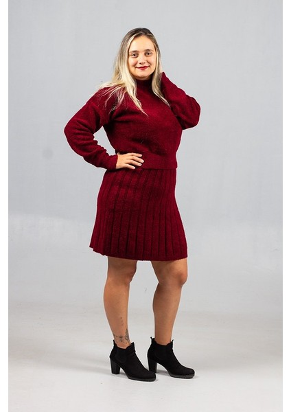 Bordo Enerjisi! 46 Bedene Kadar Tam Uyumlu Triko Etek Kazak Takım indirimleri