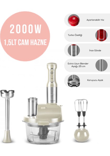 2000W Turbo Mutfak Robotu ve Blender, Cam Hazneli, 4 Kanatlı Çelik Bıçak