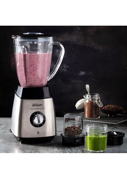 Şeffaf Cam Sürahi Blender, Dayanıklı Çelik Gövde, Şık Gri Tasarım