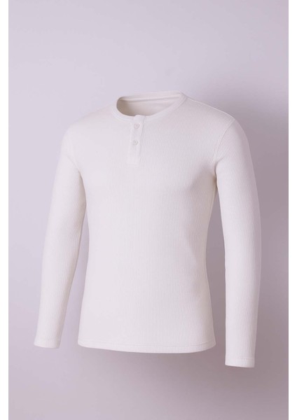 Düğmeli Waffle Ekru Erkek Sweatshirt 5070