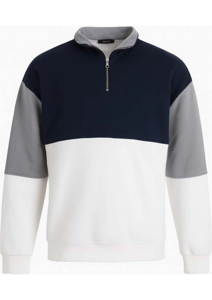 Yarım Fermuarlı Parçalı 3 Iplik Şardonlu Ekru Erkek Sweatshirt 5719