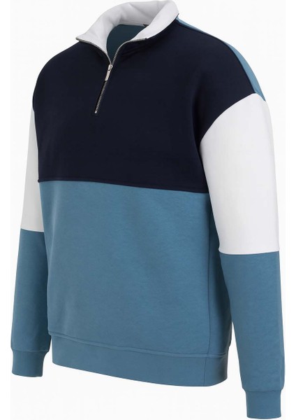 Yarım Fermuarlı Parçalı 3 Iplik Şardonlu Mavi Erkek Sweatshirt 5719 fiyatları