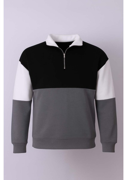 Yarım Fermuarlı Parçalı 3 Iplik Şardonlu Açık Haki Erkek Sweatshirt 5719