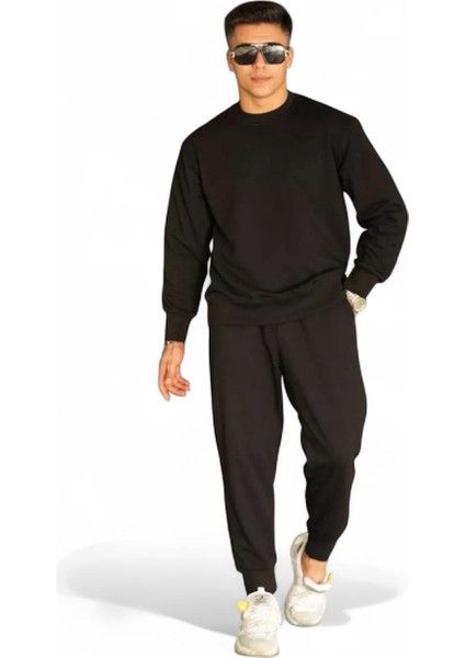 Erkek Siyah Baskısız Sıfır Yaka Uzun Kol Oversize Eşofman Takım