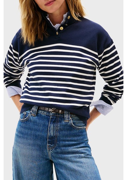 Şeritli Pamuklu Regular Fit Düğmeli Balıkçı Yaka Kazak Bayan Kazak WW0WW47467 0fı