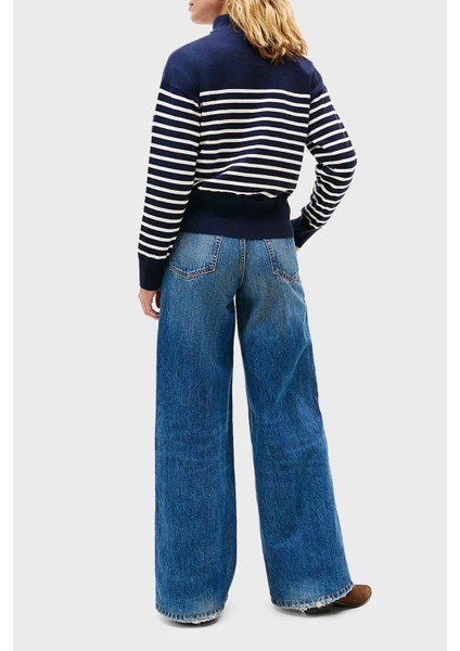 Şeritli Pamuklu Regular Fit Düğmeli Balıkçı Yaka Kazak Bayan Kazak WW0WW47467 0fı modelleri