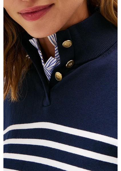 Şeritli Pamuklu Regular Fit Düğmeli Balıkçı Yaka Kazak Bayan Kazak WW0WW47467 0fı fırsatları