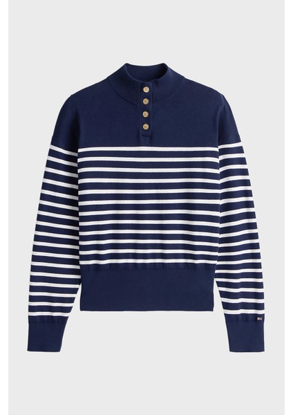 Şeritli Pamuklu Regular Fit Düğmeli Balıkçı Yaka Kazak Bayan Kazak WW0WW47467 0fı indirimleri