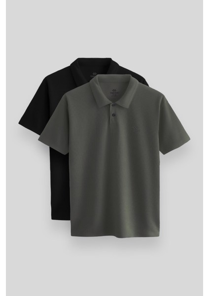 Standart Fit Basic Polo Yaka 2li Paket Siyah-Çağla Erkek T-Shirt - 87748