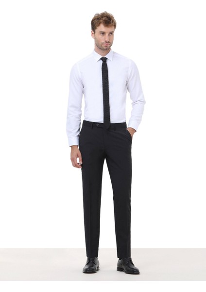 Siyah Düz Dokuma Slim Fit Klasik Yün Karışımlı Pantolon