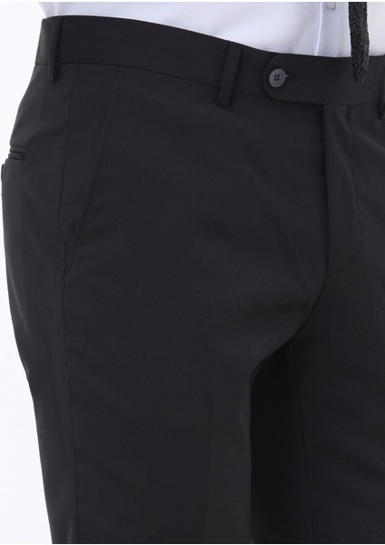 Siyah Düz Dokuma Slim Fit Klasik Yün Karışımlı Pantolon