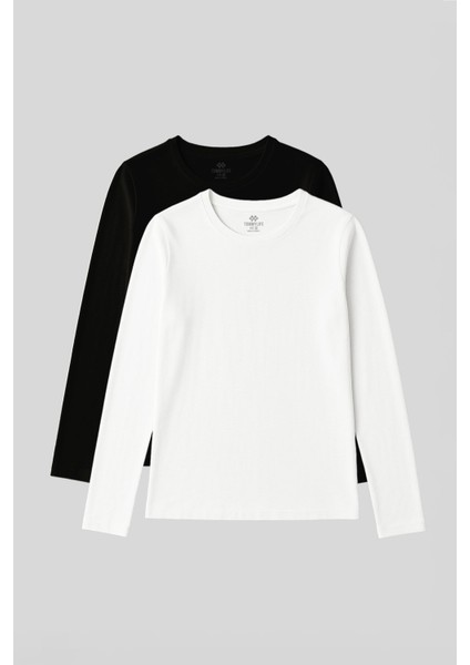 Standart Fit Basic O Yaka 2li Paket Siyah-Beyaz Kadın T-Shirt - 97312