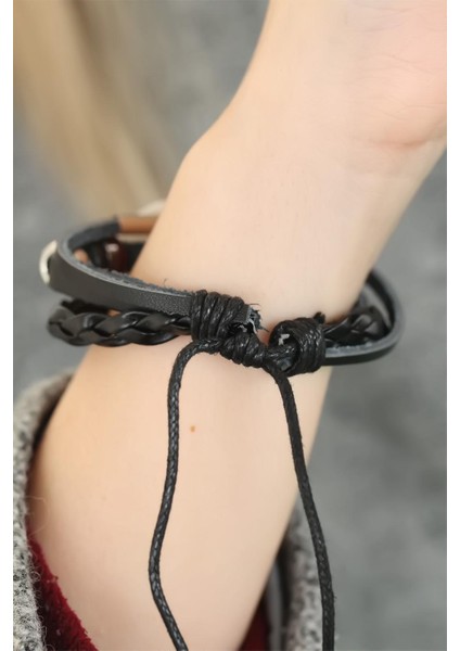 Siyah Renk Sonsuzluk ve Atatürk Imza Tasarım Çoklu Deri Bayan Bileklik - Lisinya