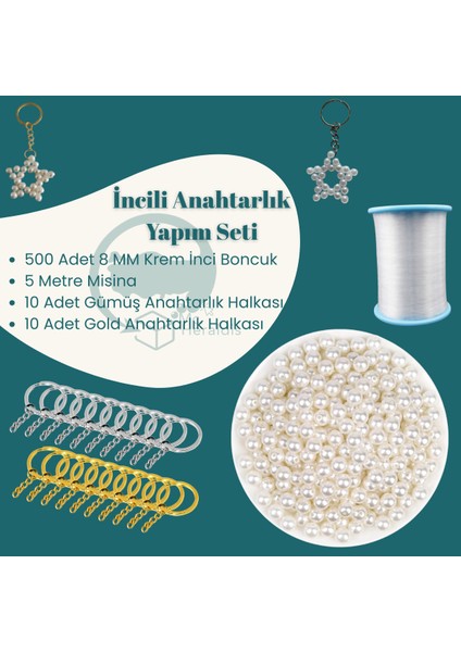 Inci Anahtarlık Yapım Seti 8 mm Inci Boncuk, Anahtar Halkası.misina, Yıldız Anahtarlık Için Uygun