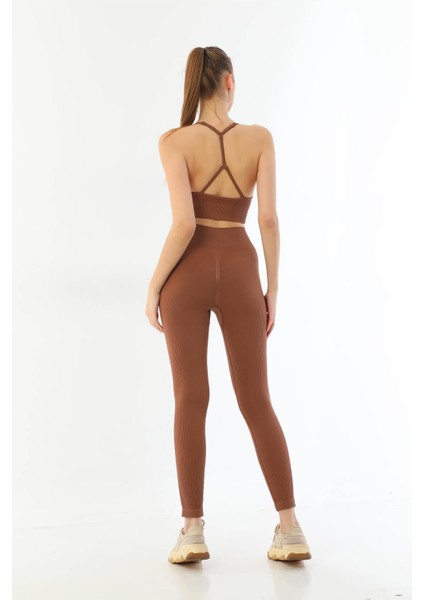 Kahve 3921 Soft Seamless Ripli Tayt Yoga Takımı fiyatları