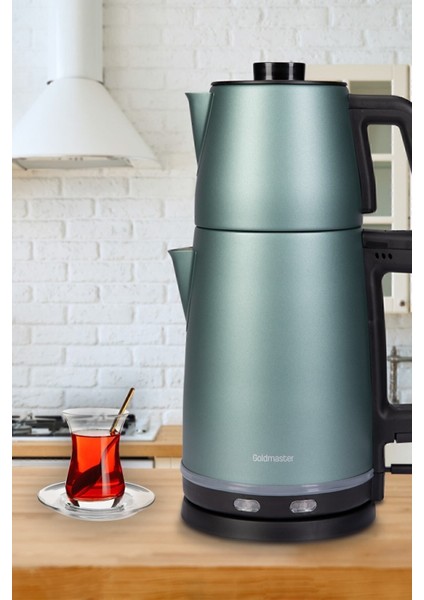 25 Bardak Kapasiteli Çelik Çay ve Su Isıtıcı, 2200W, Damlatmaz, Yeşil