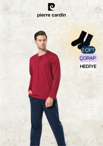 Erkek Giyim Penye %100 Pamuk Uzun Kollu Bordo Pijama Takımı (2 Adet Hediye Çorap) OL.PC.5454.001