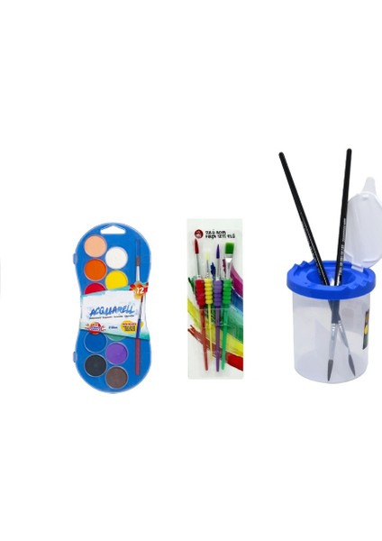 12’li Sulu Boya + 4’lü Sulu Boya Fırçası + Fırça Temizleme Kabı