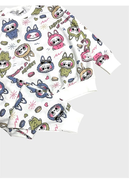 Kız Çocuk Pamuklu Beyaz Labubu Desenli Uzun Kollu Mevsimlik Pijama Takımı fiyatları