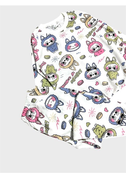 Kız Çocuk Pamuklu Beyaz Labubu Desenli Uzun Kollu Mevsimlik Pijama Takımı modelleri