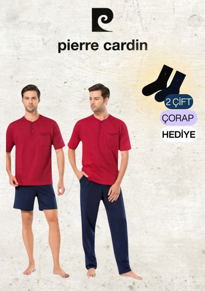Erkek Giyim 3 Parça Penye %100 Pamuklu Bordo Pijama Takımı (2 Adet Hediye Çorap) OL.PC.5370.001