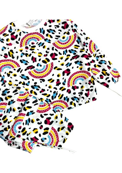 Kız Çocuk Pamuklu Beyaz Gökkuşağı Desenli Uzun Kollu Mevsimlik Pijama Takımı fiyatları