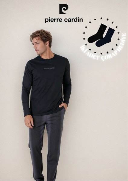 Erkek %100 Pamuk Yazı Detaylı Uzun Kol Pijama Takımı OL.PC.6095.001