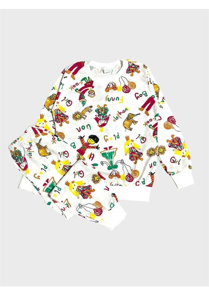 Kız Çocuk Pamuklu Beyaz Balon Kız Desenli Uzun Kollu Mevsimlik Pijama Takımı